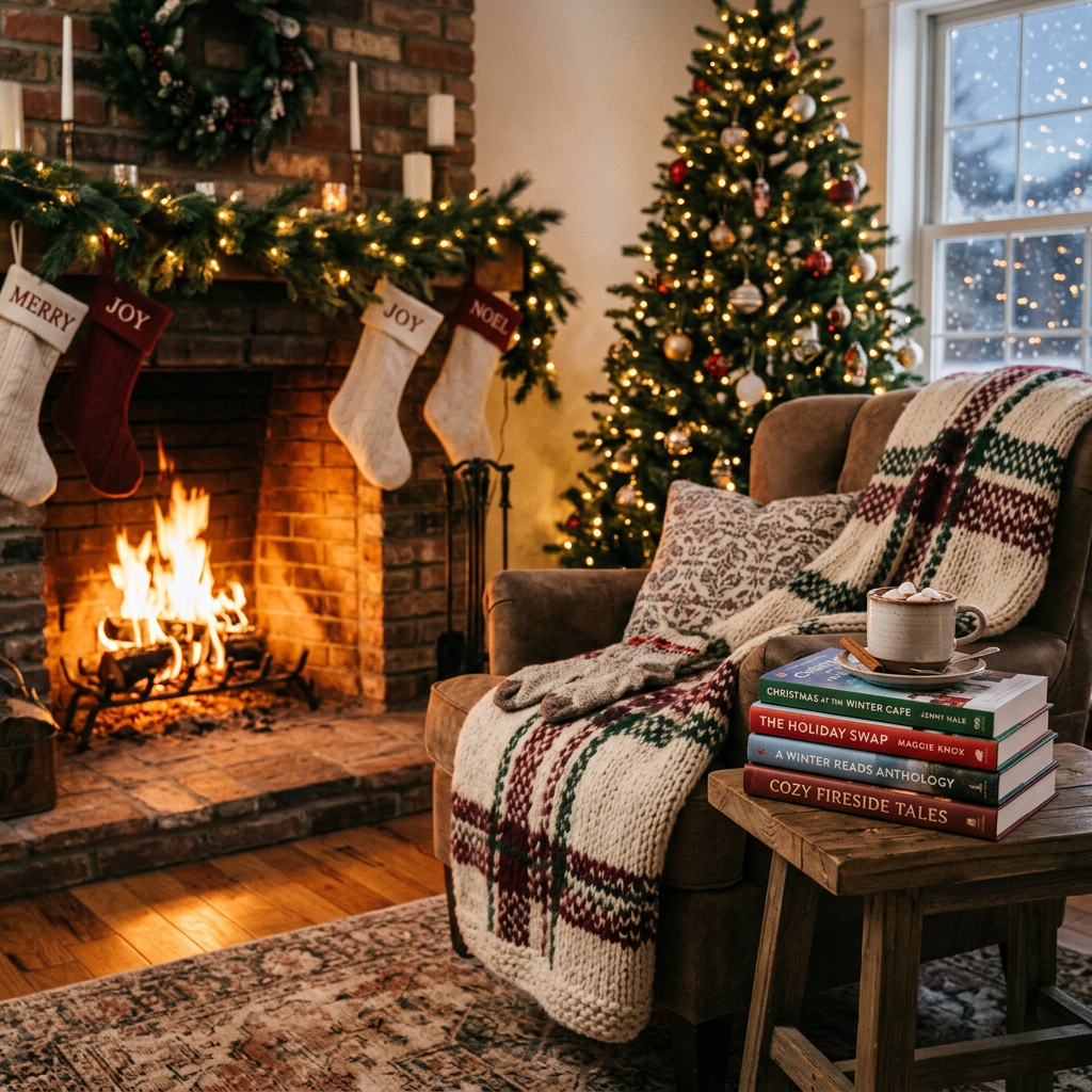 Living room with Christmas tree, lit fireplace, stockings, armchair with blanket and books