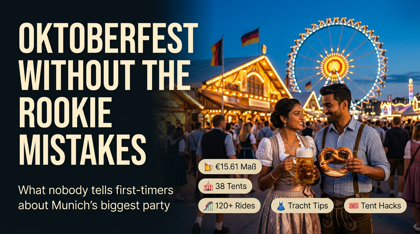 Graphic reading “OKTOBERFEST WITHOUT THE ROOKIE MISTAKES,” “What nobody tells first-timers about Munich’s biggest party,” “€15.61 Mal3,” “38 Tents,” “120+ Rides,” “Tracht Tips,” and “Tent Hacks,” alongside a couple holding beer and pretzels at Oktoberfest.
